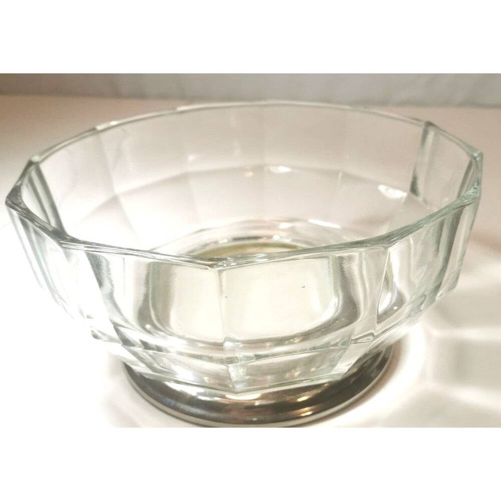 Glass Fruit Bowl Large Clear Decagon Crystal With Silver Plated Base Vintage